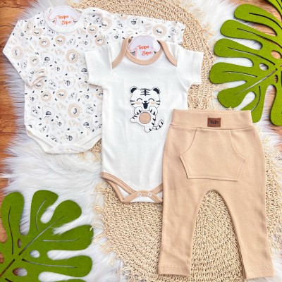  CONJ. DE MALHA 3 PEÇAS - Tigrinho e Safari - Areia e Off White